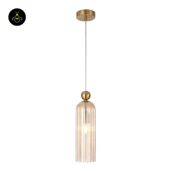 Fluted pendant light with amber borosilicate glass shade, gold-finish stainless steel ball and canopy on a clear cable, white background