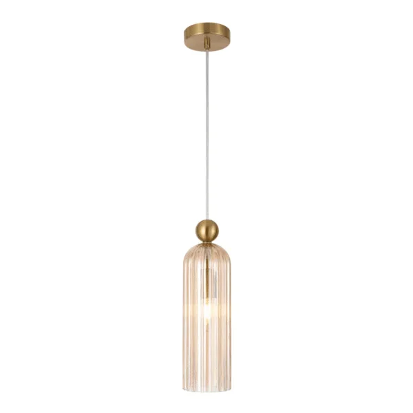 Fluted pendant light with amber borosilicate glass shade, gold-finish stainless steel ball and canopy on a clear cable, white background