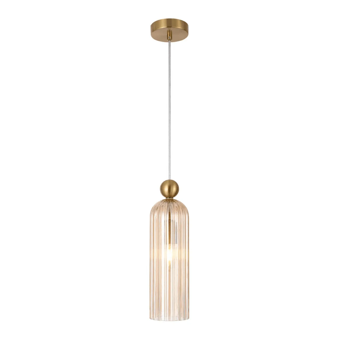 Fluted pendant light with amber borosilicate glass shade, gold-finish stainless steel ball and canopy on a clear cable, white background