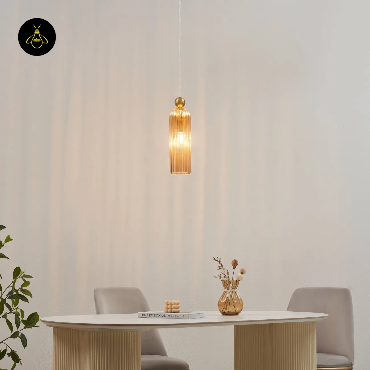 Amber Fluted Glass Pendant Light – Gold | Leonora 3 Handmade amber fluted glass shade close-up – Leonora pendant light by Jagmag Lights