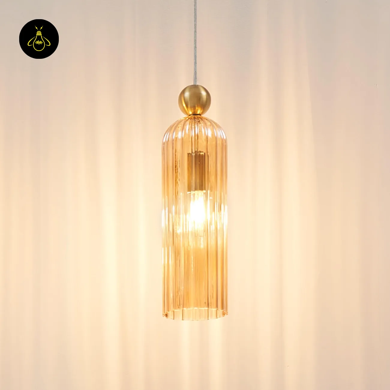 Amber Fluted Glass Pendant Light – Gold | Leonora 2 Amber fluted glass pendant light Leonora – SS304 gold frame front view