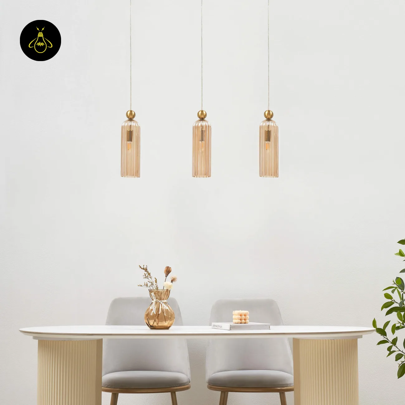 Amber Fluted Glass Pendant Light – Gold | Leonora 9 Leonora gold-plated amber glass pendant light for living room – angled front view