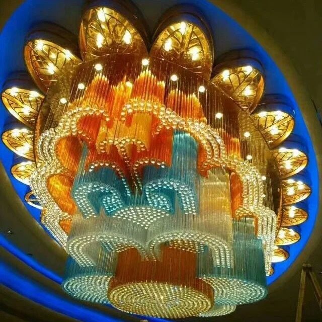 Bangalore chandelier project showing colored crystal strands and layered forms