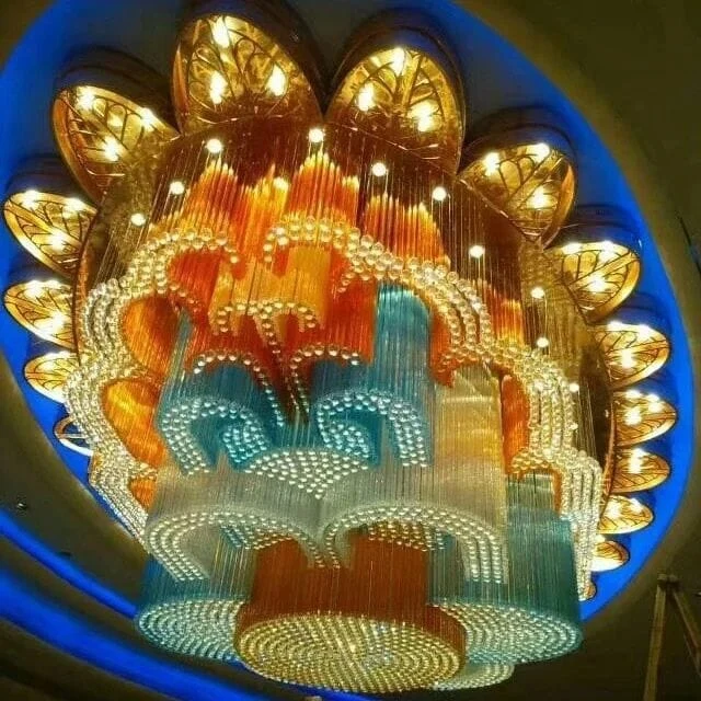 Bangalore chandelier project showing colored crystal strands and layered forms