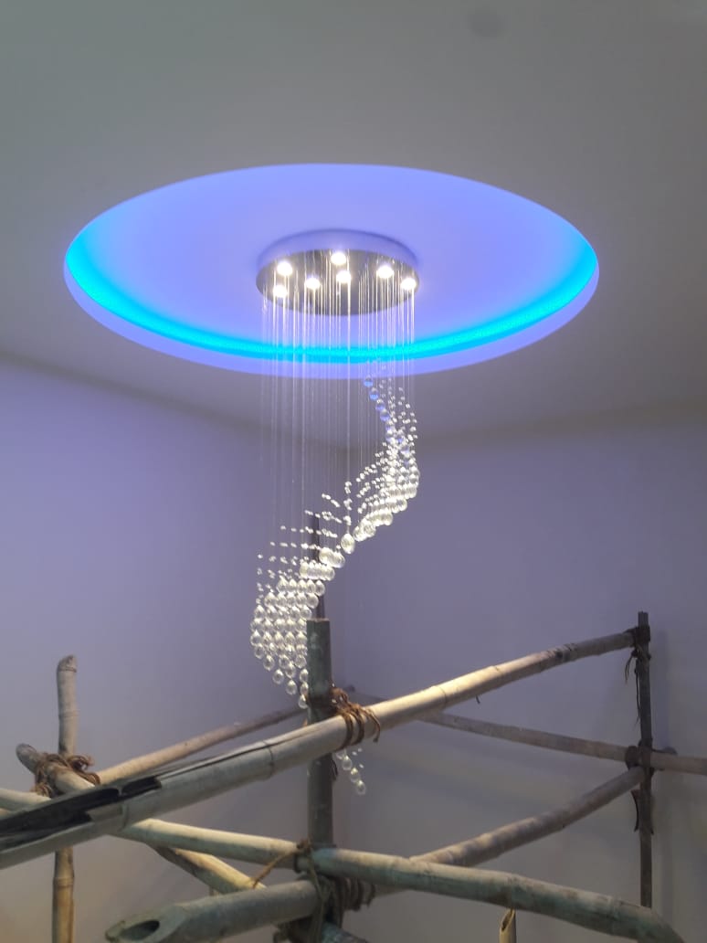 Ranchi residential project image showing the installed rain-drop chandelier in a luxury home