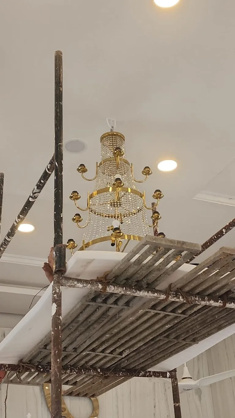 Gurudwara chandelier - gold Maharaja crystal chandelier installed at Gurudwara Shri Prabhu Prem Seva Devi Saheb Jalna