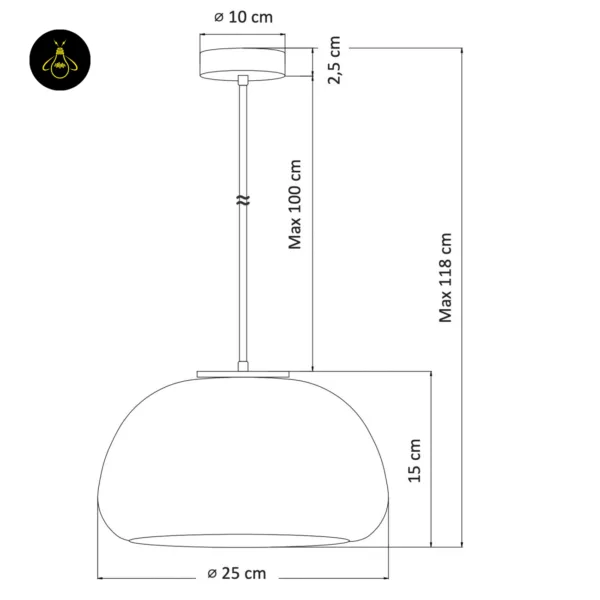 Lomelia double glass pendant light dimension drawing: shade Ø 25 cm × H 15 cm, cord up to 100 cm, overall drop up to 118 cm, canopy Ø 10 cm × 2.5 cm