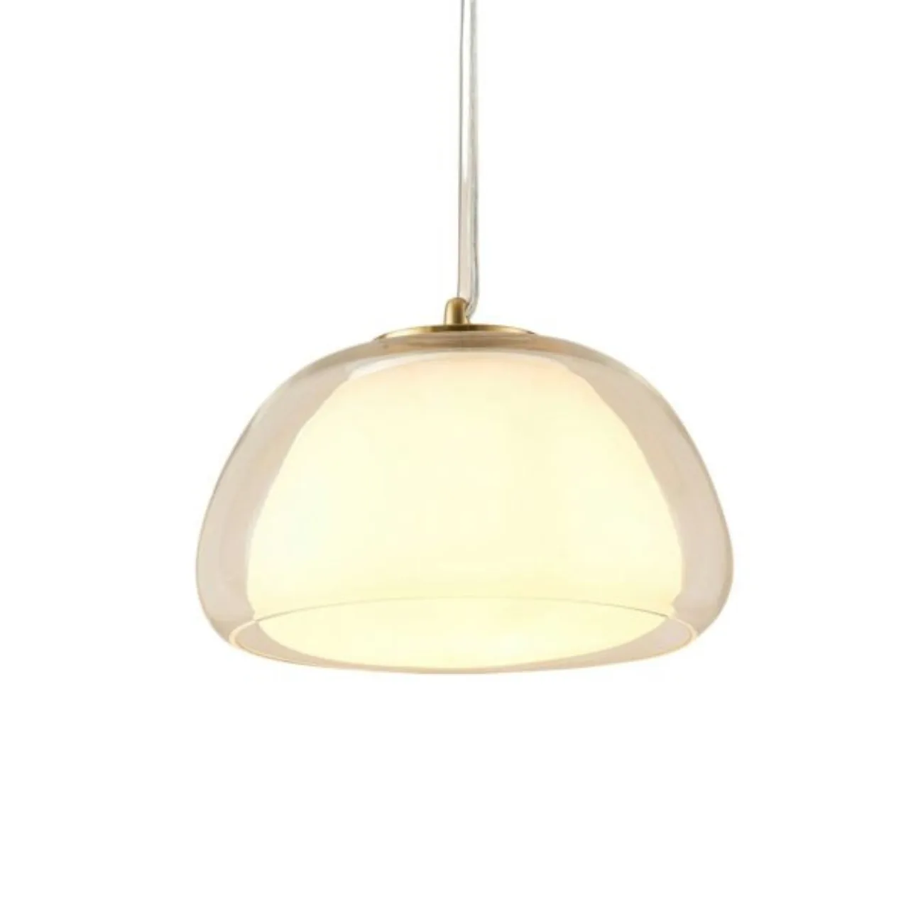 Double Glass Pendant Light – Lomelia 25 cm Dome, Gold Finish 2 Lomelia double glass pendant light lit on a white background, champagne borosilicate outer dome over an opal inner shade with a gold-finish stainless steel cap