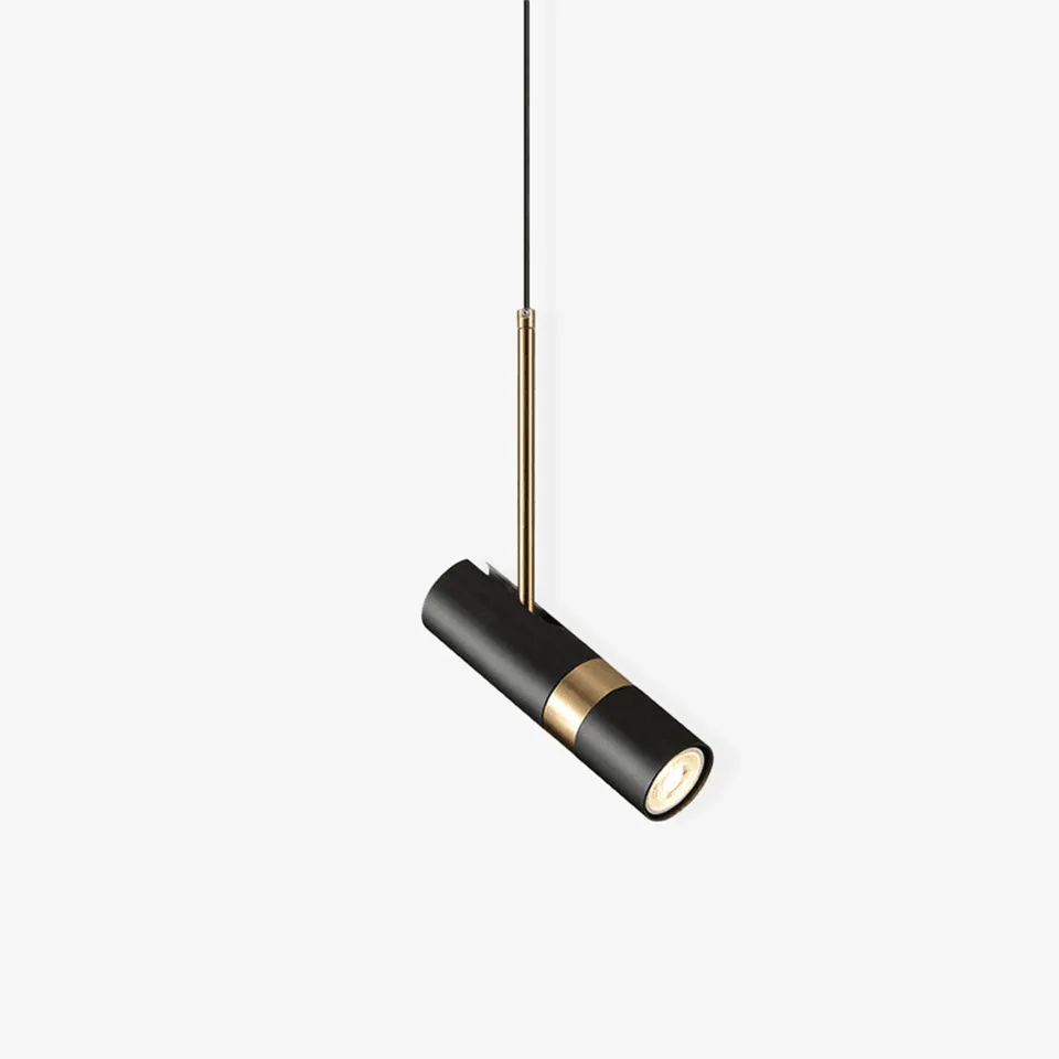 Matte black cylinder pendant light with a brushed-gold band and GU10 spot head