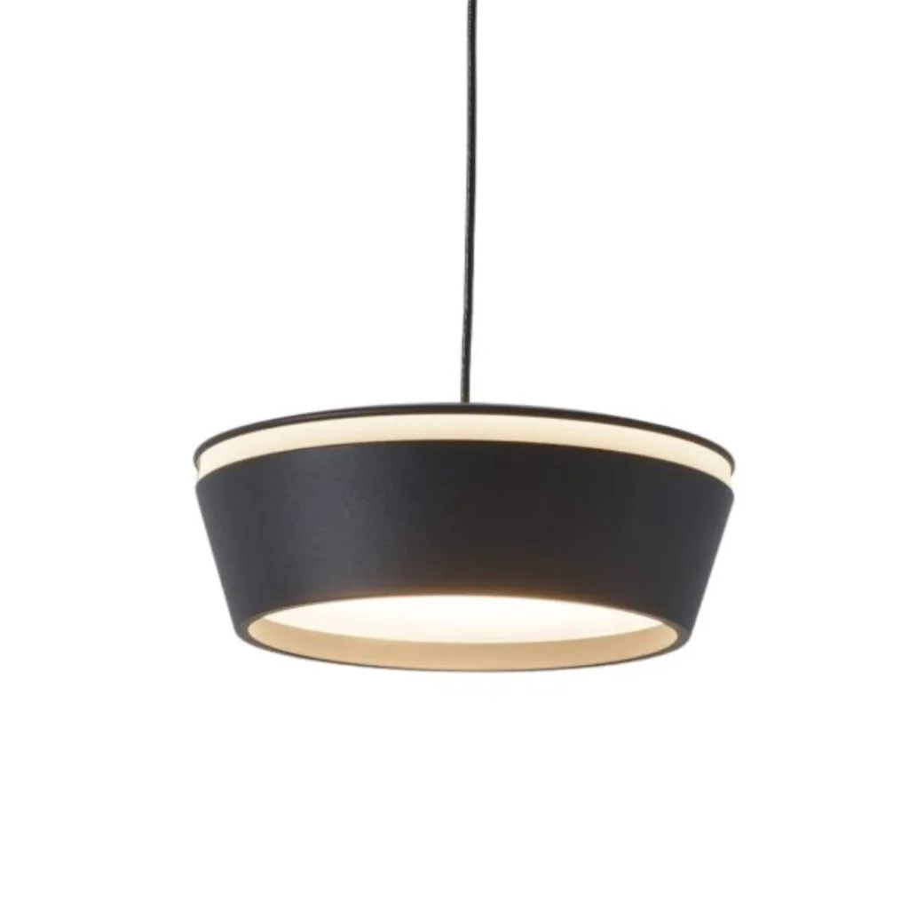 Compact matte black pendant light with opal-diffused drum shade, front view