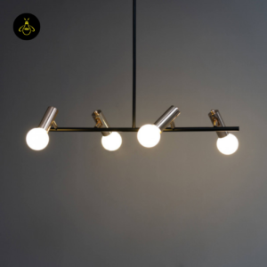 Black linear globe pendant light with gold arms, side view