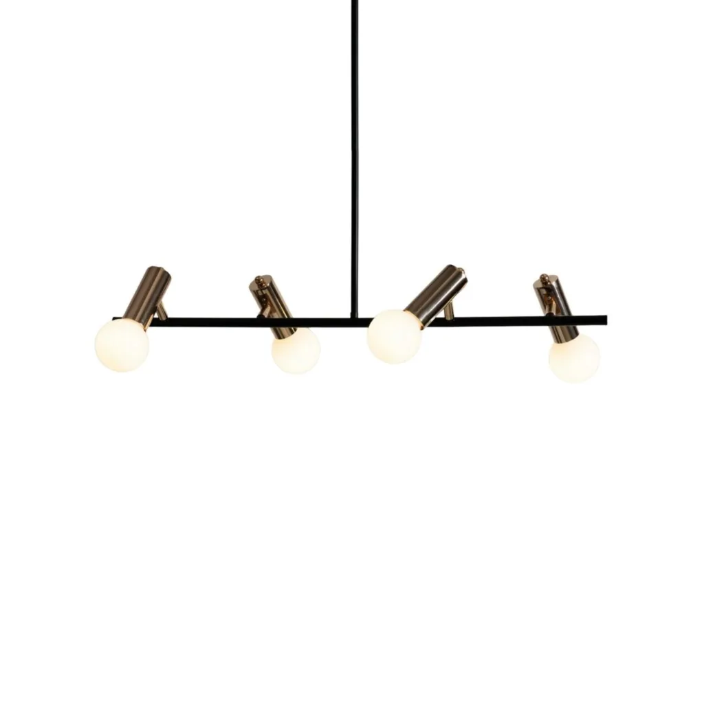 Black and gold globe chandelier with four white opal glass globes