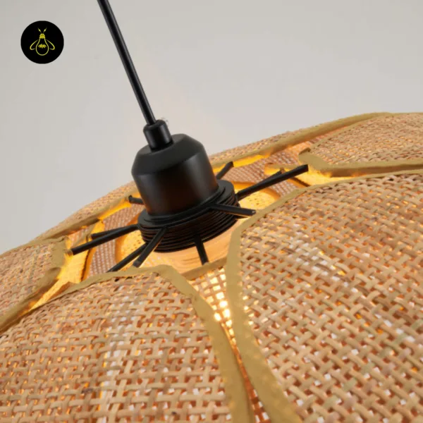 Close-up of the black holder and matte black stainless steel frame inside the cane pendant light