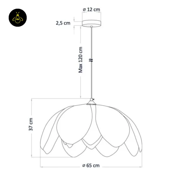 Cane pendant light dimension drawing: Ø 65 cm × H 37 cm shade, drop up to 120 cm, canopy Ø 12 × 2.5 cm
