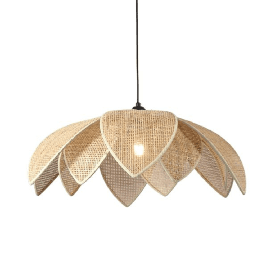 Natural rattan pendant light with woven lotus-petal shade, front view