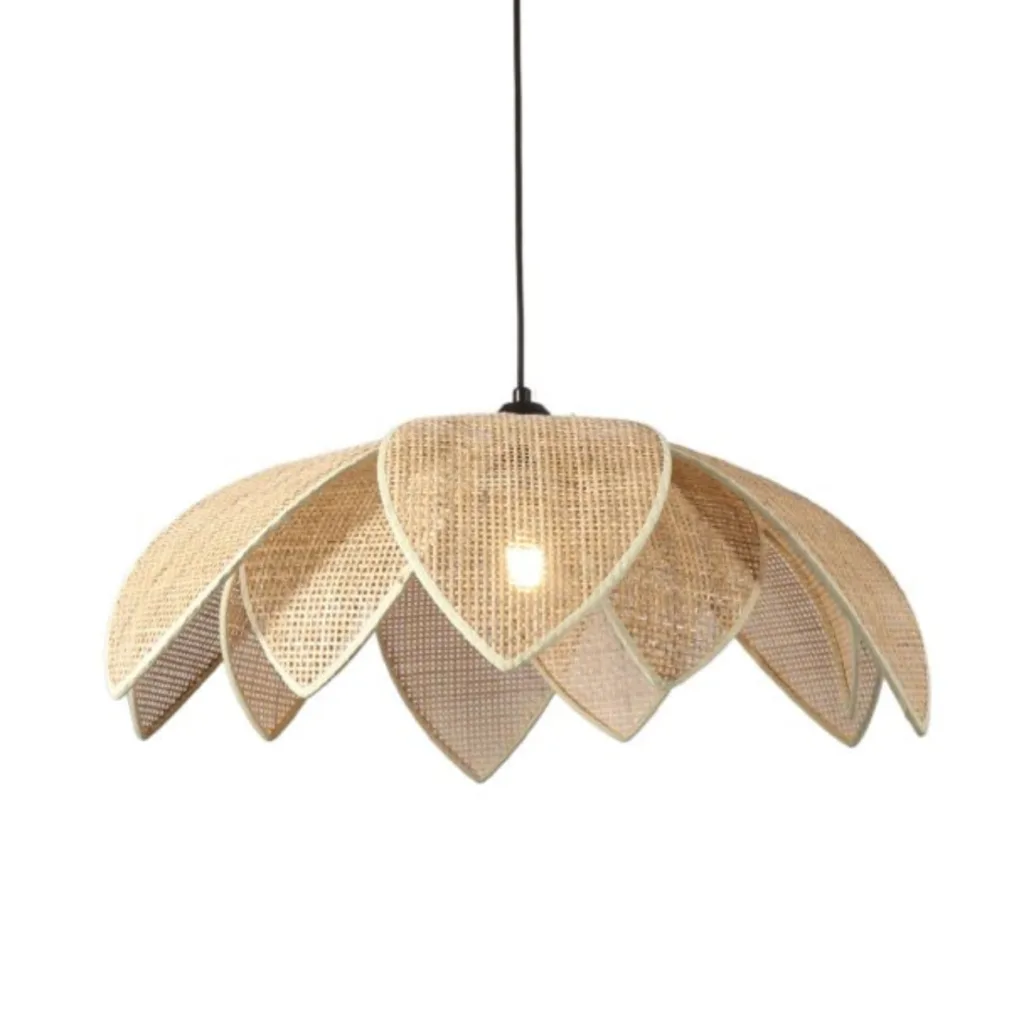 Natural rattan pendant light with woven lotus-petal shade, front view