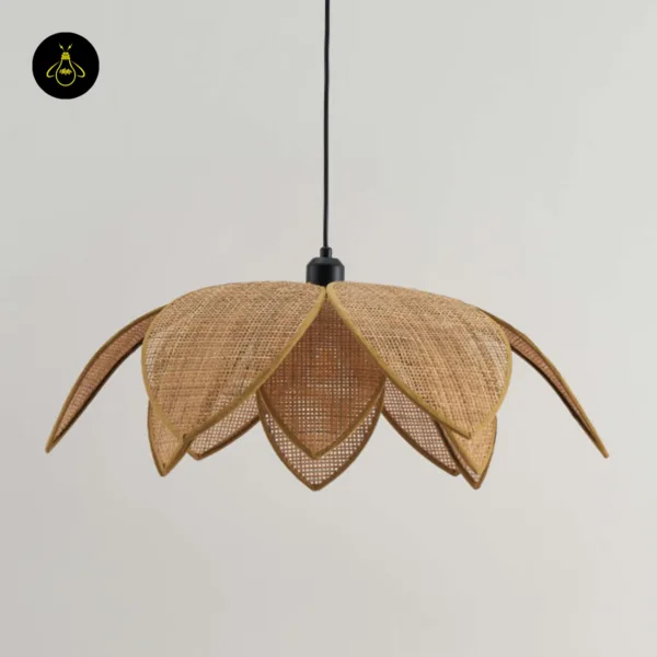 Unlit cane pendant light showing the open cane webbing and bound petal edges