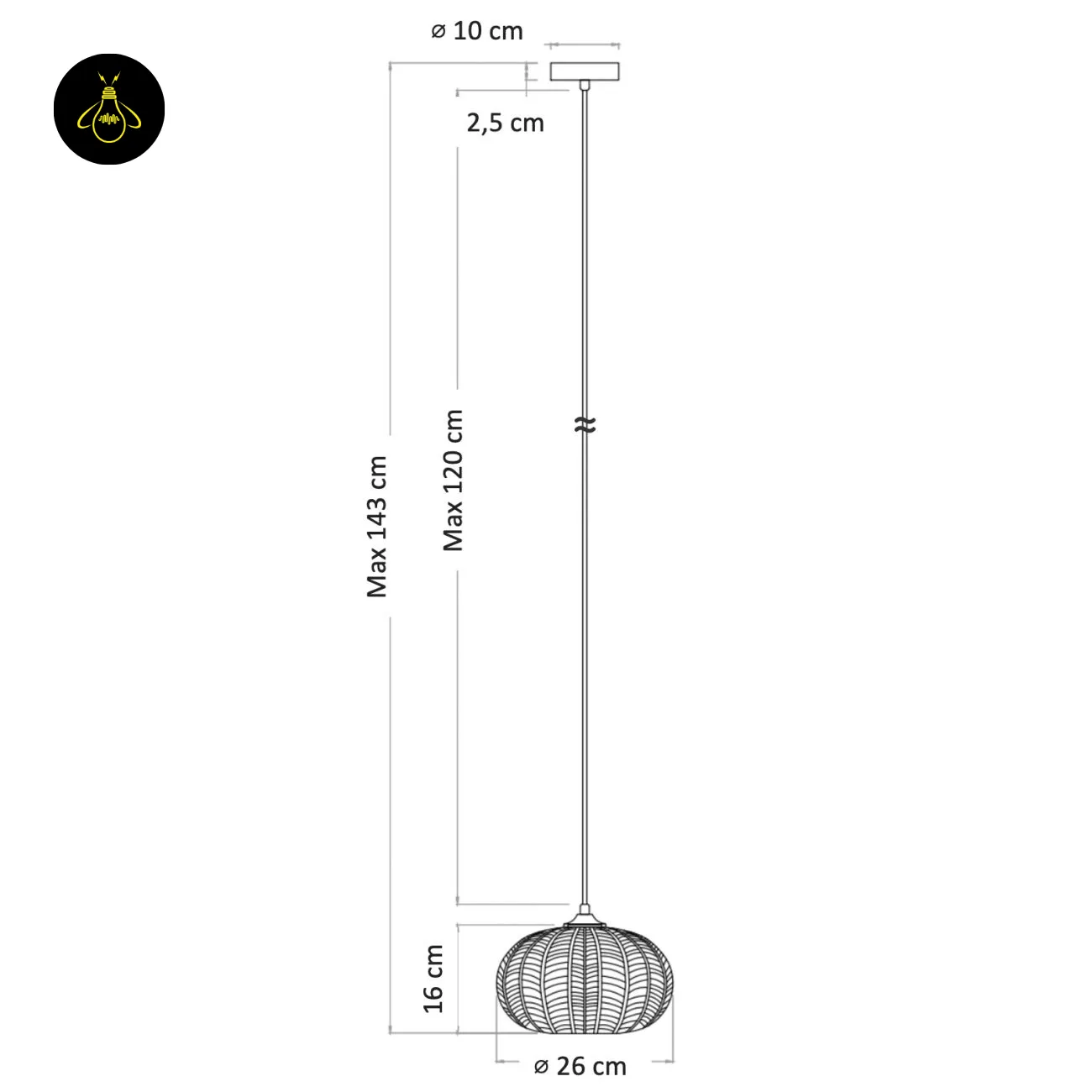 Textured Amber Glass Pendant Light – 26 cm Globe, Brass Finish, E27 14 Textured glass pendant light dimension drawing: shade 26 cm wide, 16 cm high, cord up to 120 cm, drop up to 143 cm