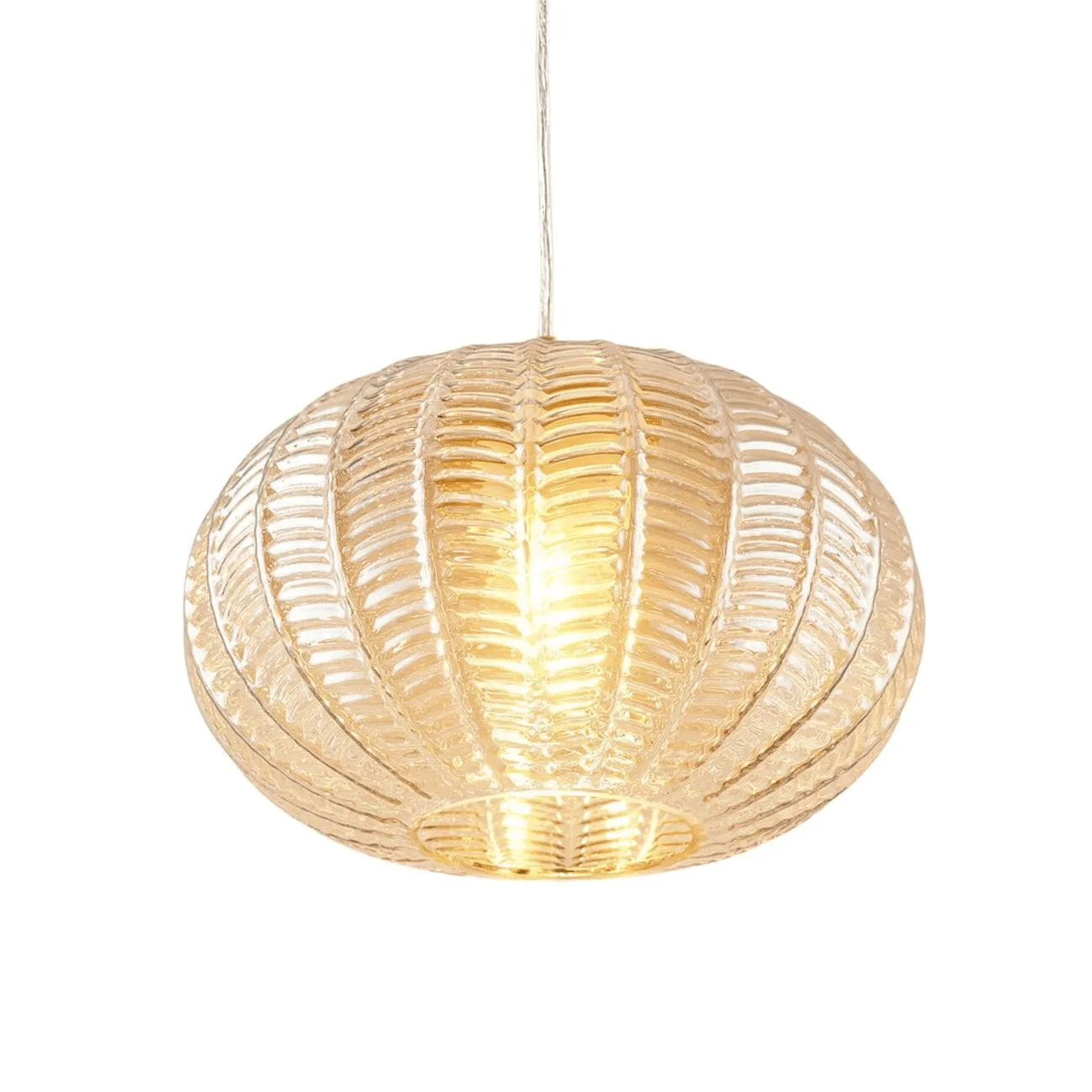 Textured glass pendant light in amber borosilicate glass, lit, front view on white