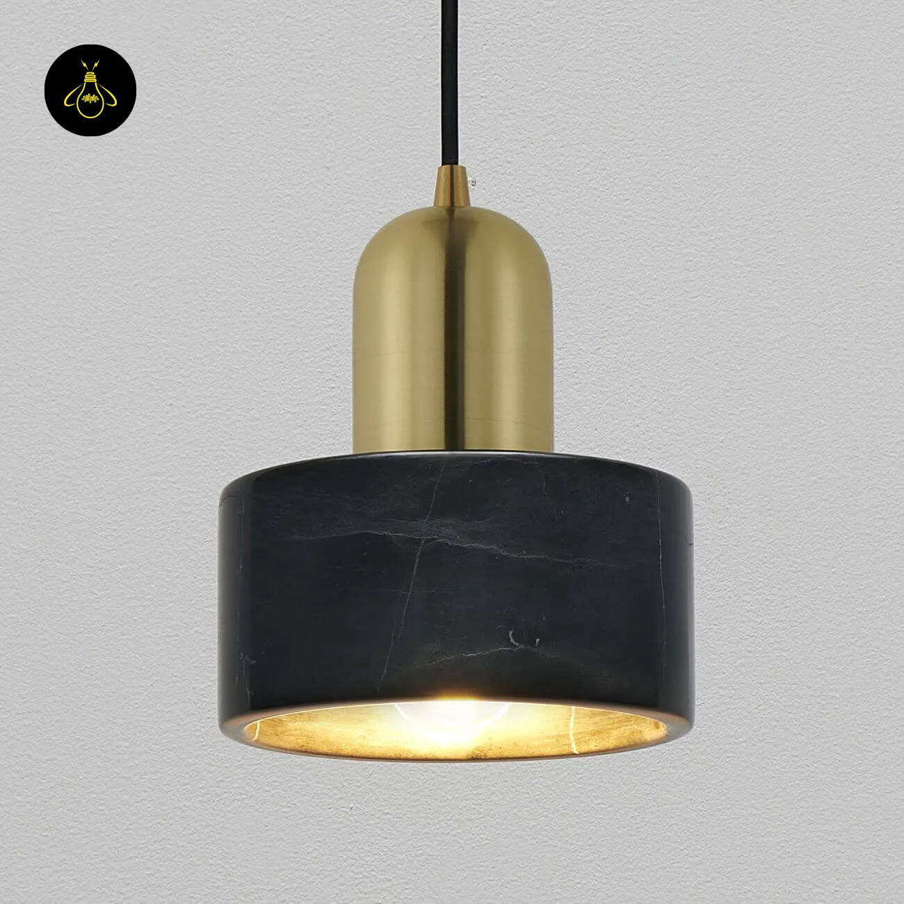 Black Marble Pendant Light – Meryl | 15 cm Marble Hanging Light with Gold Cap 2 Marble hanging light close-up: black marble drum with pale veins, gold cap and gold-lined underside