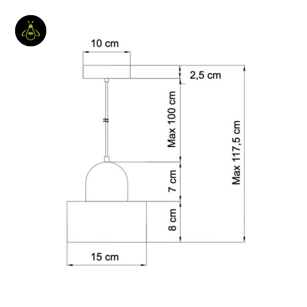 Black Marble Pendant Light – Meryl | 15 cm Marble Hanging Light with Gold Cap 14 Marble hanging light dimension drawing: 15 cm drum, 8 cm high, 7 cm cap, 10 cm canopy, cord up to 100 cm, max 117.5 cm
