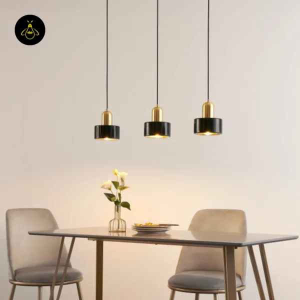 Marble hanging lights over a dining table set for two