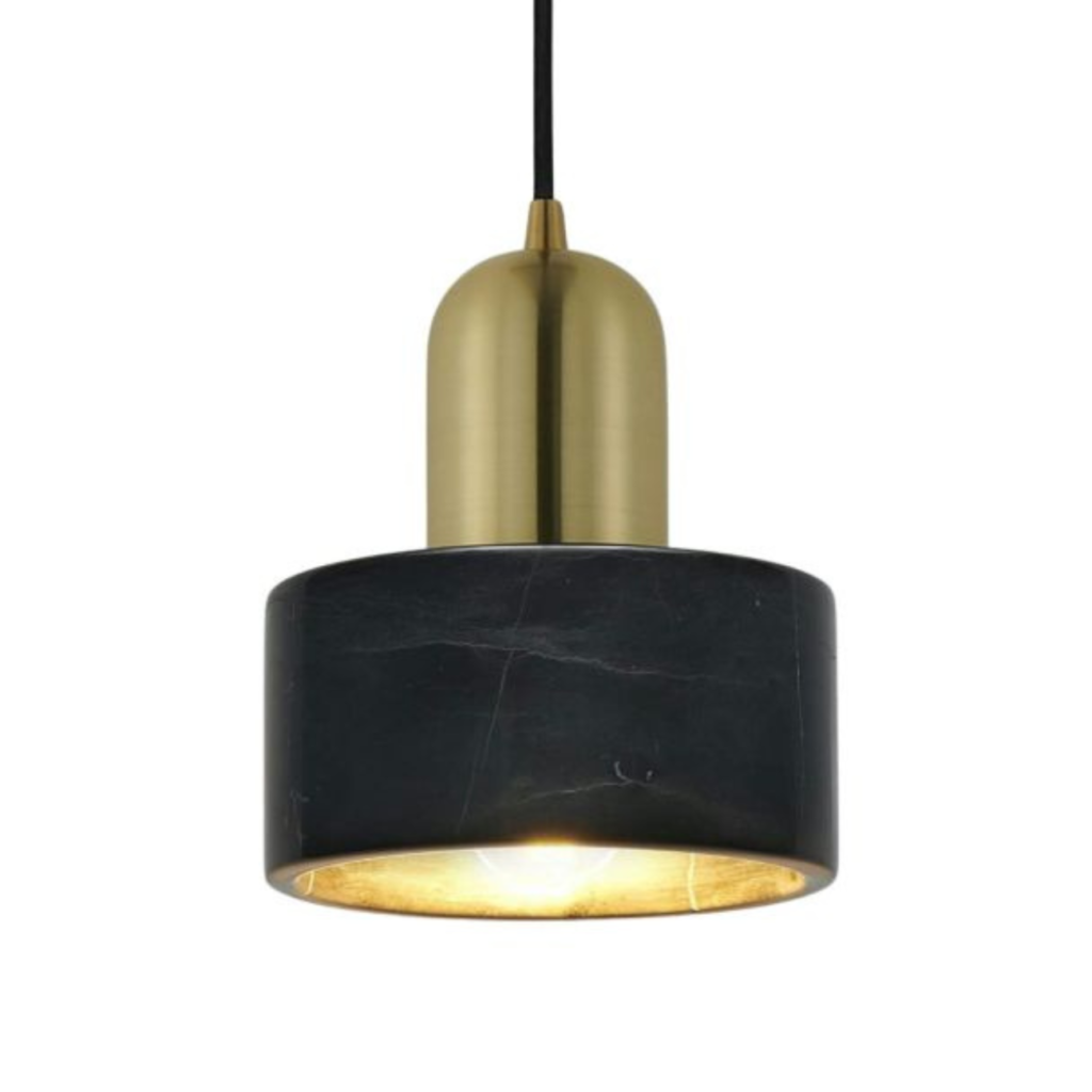 Black marble pendant light with gilded brass cap and black cord, front view