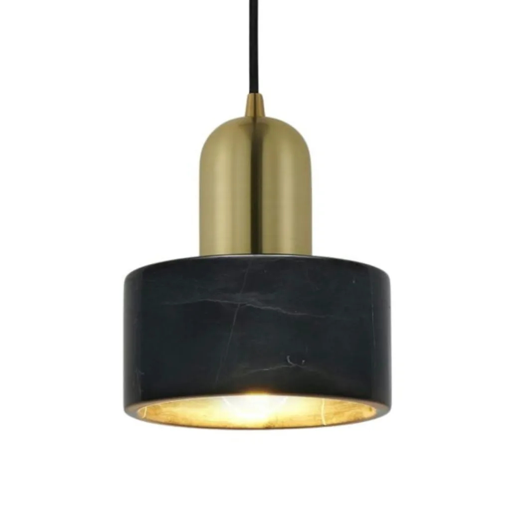 Black marble pendant light with gilded brass cap and black cord, front view