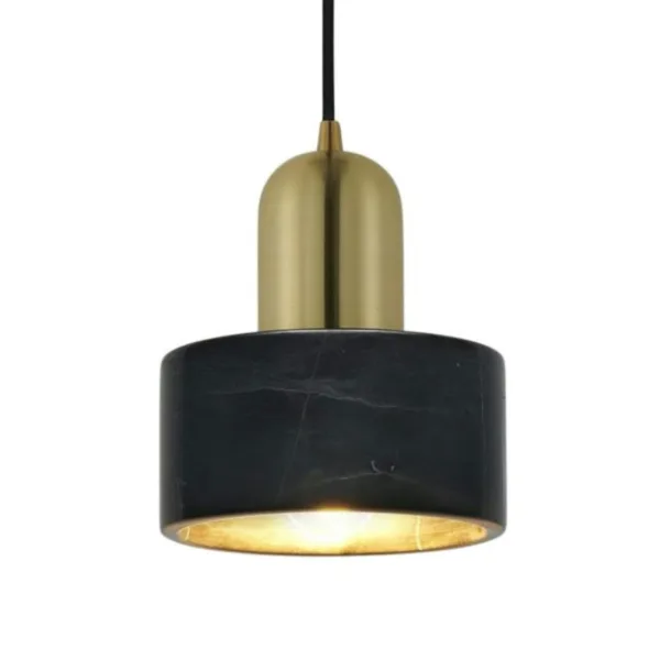 Marble hanging light in black marble with brushed gold stainless steel cap and black cord, front view