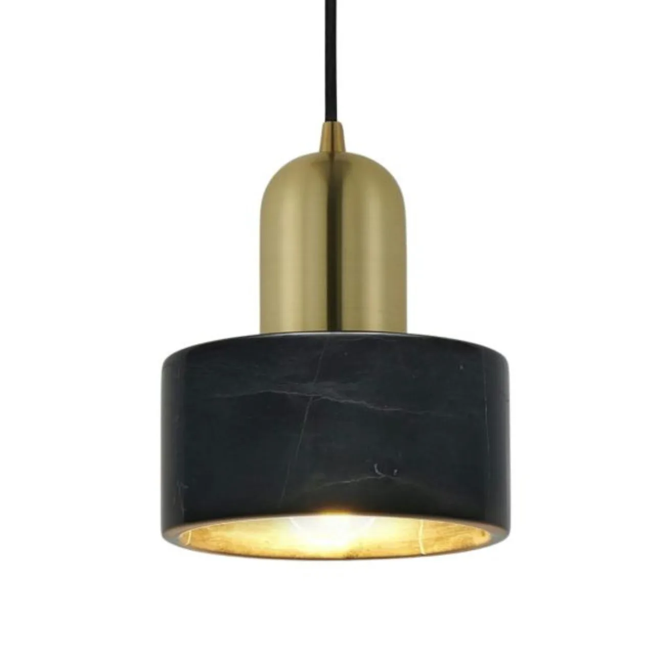 Black Marble Pendant Light – Meryl | 15 cm Marble Hanging Light with Gold Cap 1 Marble hanging light in black marble with brushed gold stainless steel cap and black cord, front view