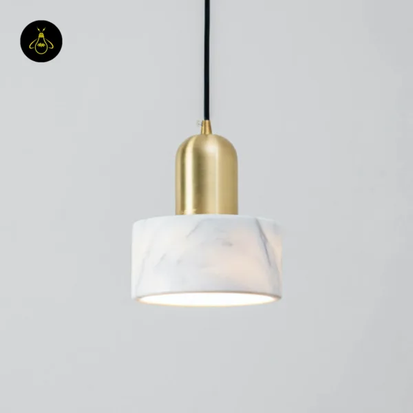 White marble pendant light Meryl, a marble light with brushed gold cap on a black fabric cord