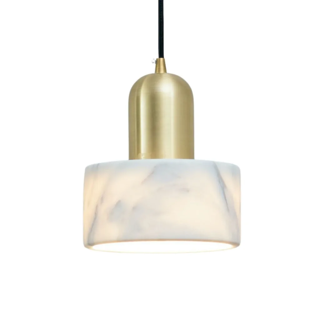 Marble pendant light with white marble cylinder and gilded brass cap for dining tables