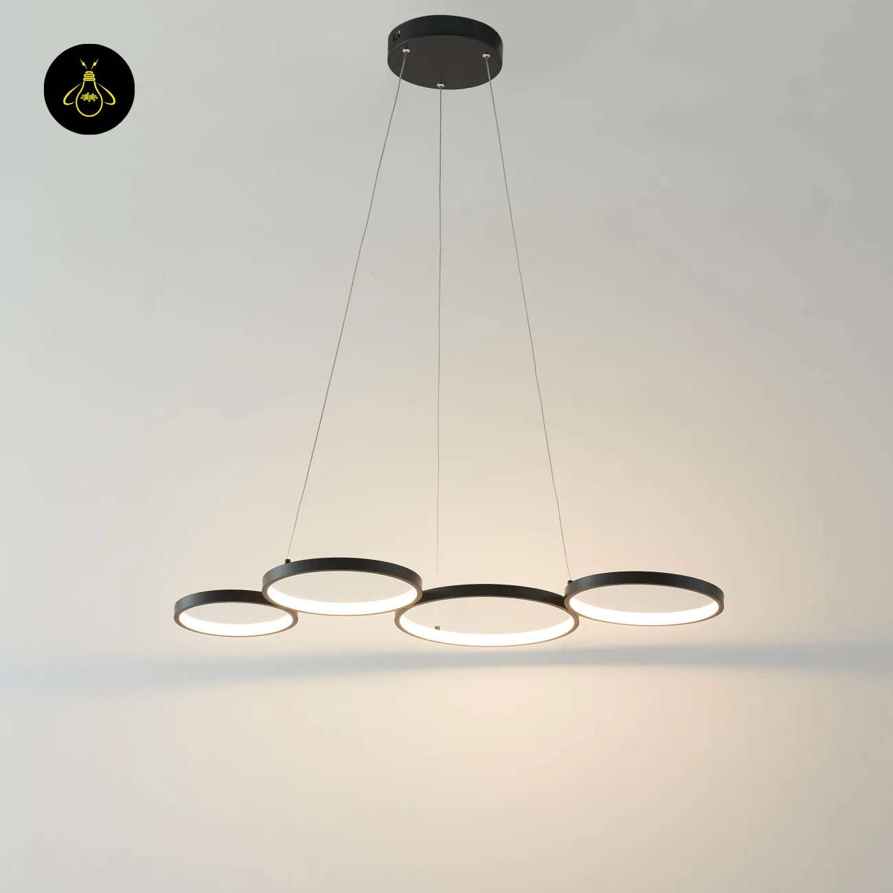 Black Ring Chandelier – Newton 4-Ring LED, 88 cm 2 Newton black 4-ring LED chandelier complete front view