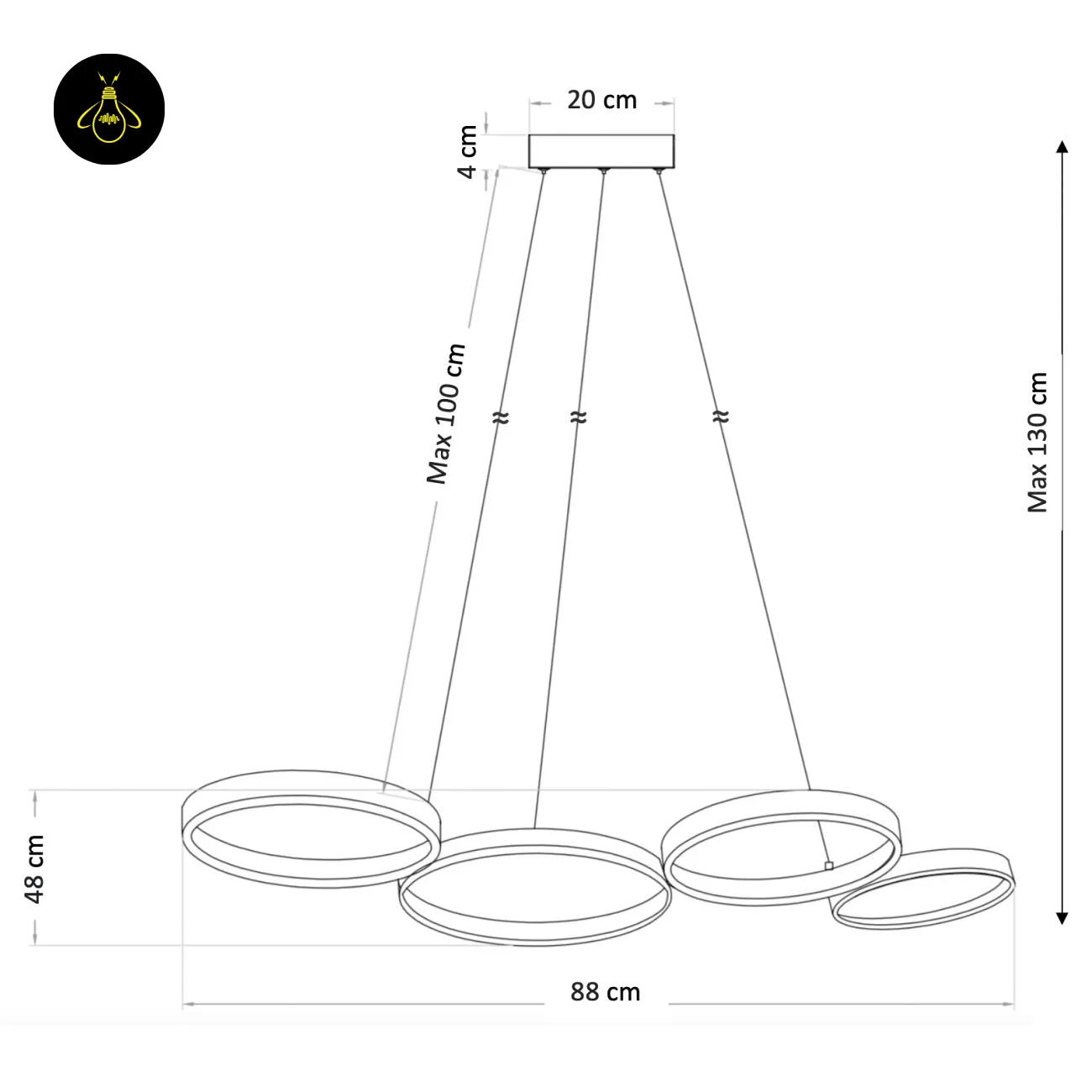 Black Ring Chandelier – Newton 4-Ring LED, 88 cm 16 Dimensioned drawing of the Newton ring chandelier, 88 cm