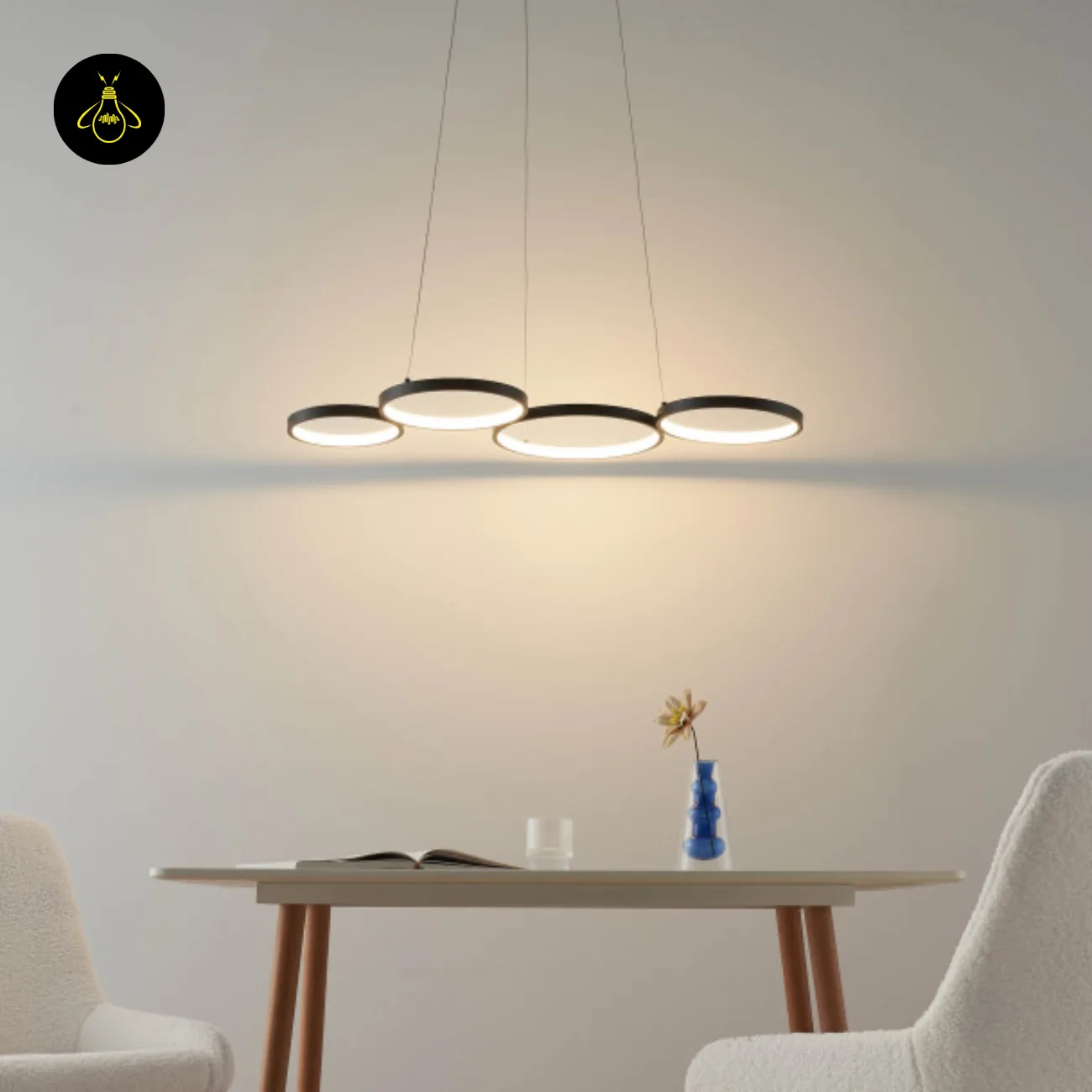 Black Ring Chandelier – Newton 4-Ring LED, 88 cm 9 Front view of the black ring LED chandelier