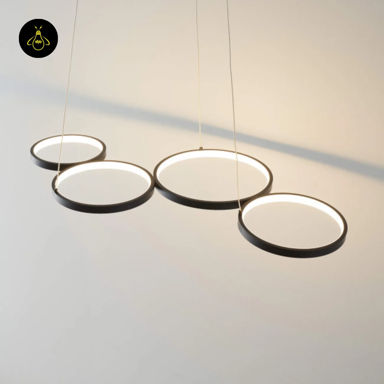Black Ring Chandelier – Newton 4-Ring LED, 88 cm 8 Side view of the Newton black ring chandelier