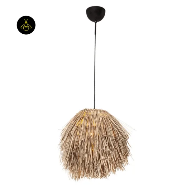 Rattan pendant light switched on, warm glow through the shaggy strands, on a black cord from a matte black canopy