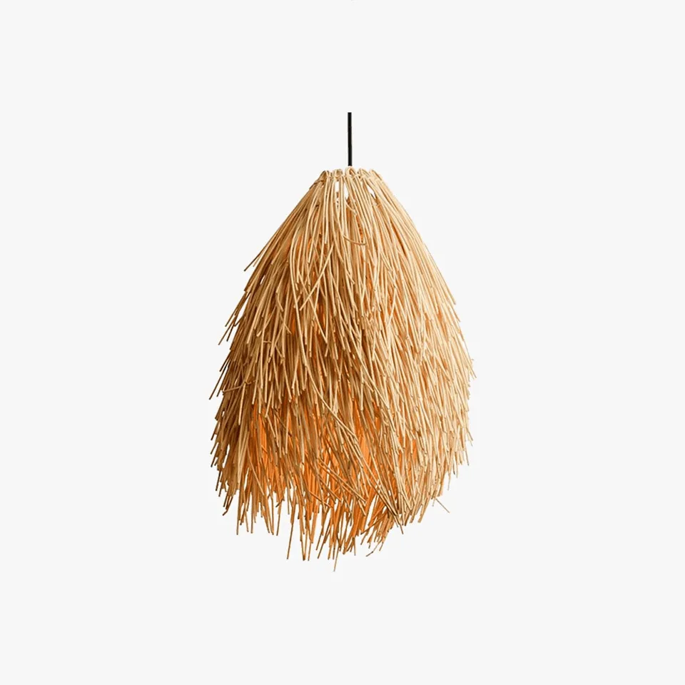 Handwoven rattan pendant light with natural beige wabi-sabi shaggy shade, front view – Nukano by Jagmag Lights