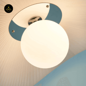 Bottom-up view of Odalia white fabric pendant light and cable assembly