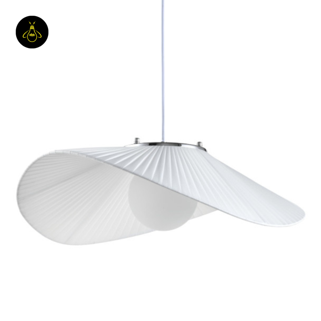 White fabric pendant light Odalia front view – curved ribbon design