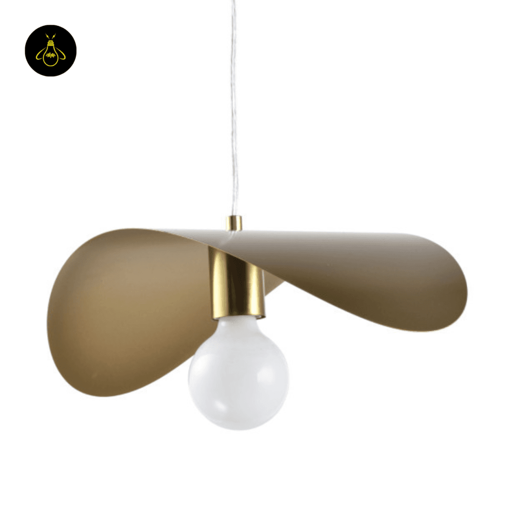 Gold curved Piuma pendant light front view while hanging