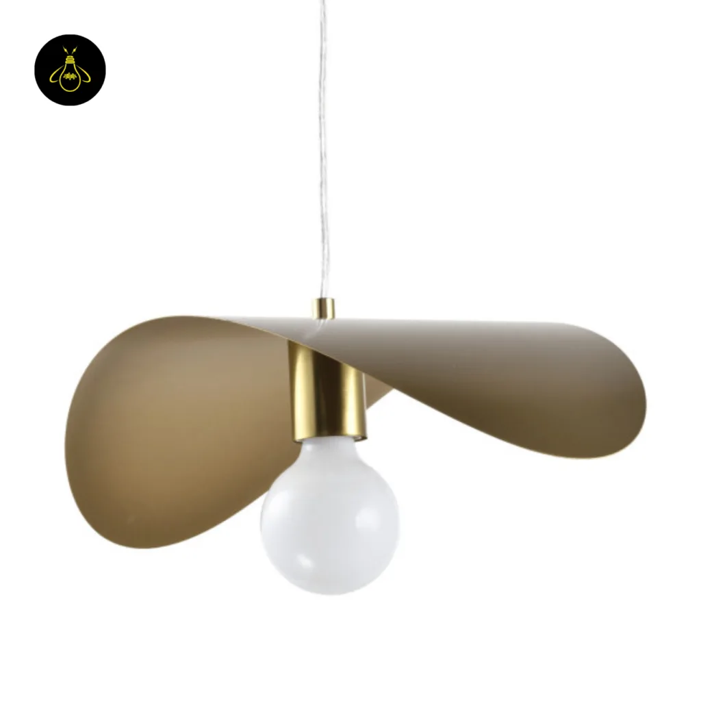 Gold curved Piuma pendant light front view while hanging