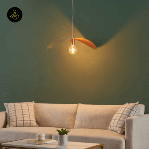 Gold curved pendant light hanging in a living room