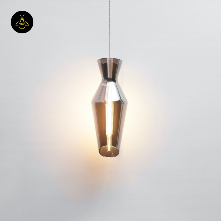 Smoked glass pendant light angled view showing the faceted tapered drop form