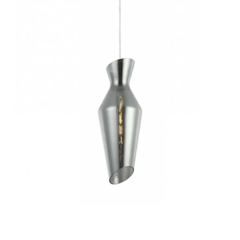 Faceted smoked glass pendant light front view, tapered grey glass drop shade