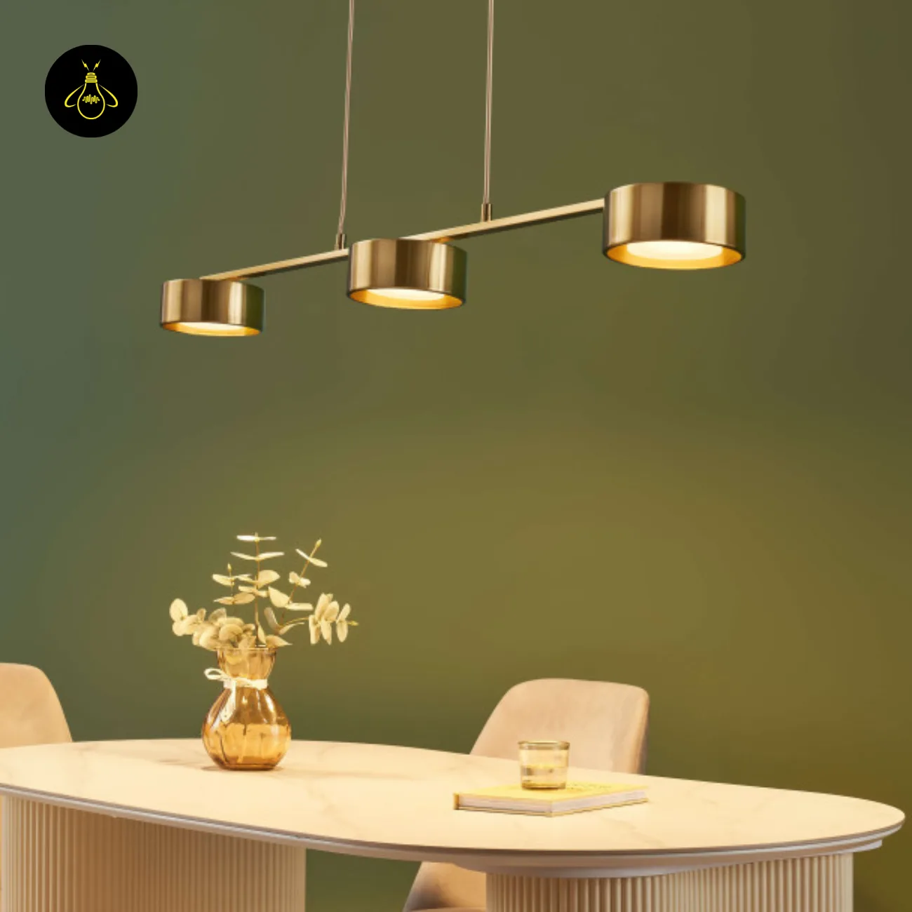 Linear Brass Chandelier – Triple Drum Spots, 108 cm | Jagmag Lights 4 Linear brass chandelier with warm downward spots over a dining table – Jagmag Lights