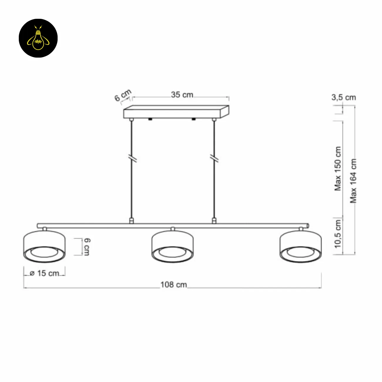 Linear Brass Chandelier – Triple Drum Spots, 108 cm | Jagmag Lights 11 Dimension drawing of brass linear chandelier: 108 cm bar, 15 cm drum spots, 164 cm max drop – Jagmag Lights