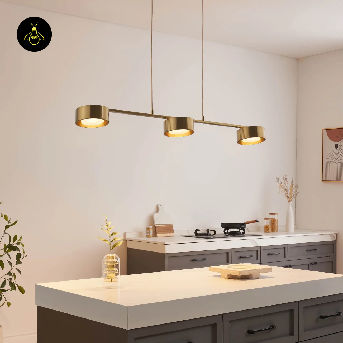 Linear Brass Chandelier – Triple Drum Spots, 108 cm | Jagmag Lights 7 Three aimable drum spots of a brass linear chandelier over a kitchen island – Jagmag Lights