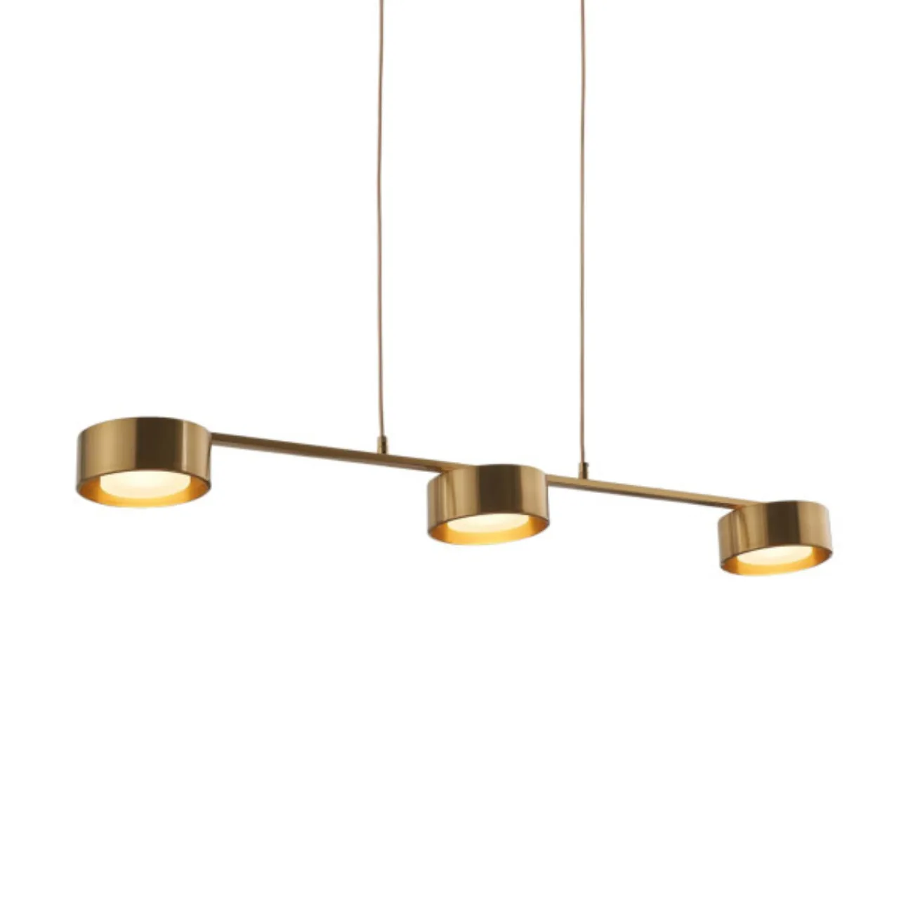 Linear Brass Chandelier – Triple Drum Spots, 108 cm | Jagmag Lights 1 Triple drum LED chandelier in brushed brass metal on white background – Jagmag Lights