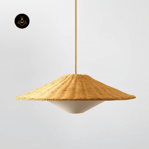 Natural rattan hat pendant light with a 70 cm woven saucer shade, unlit front view